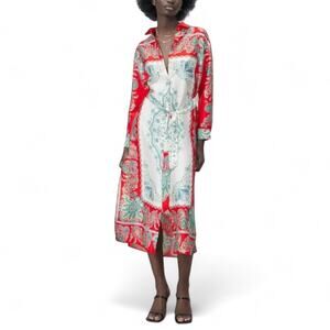 Zara Printed Shirt Dress Size S Red Multi Paisley Floral Satin Button Midi Dress